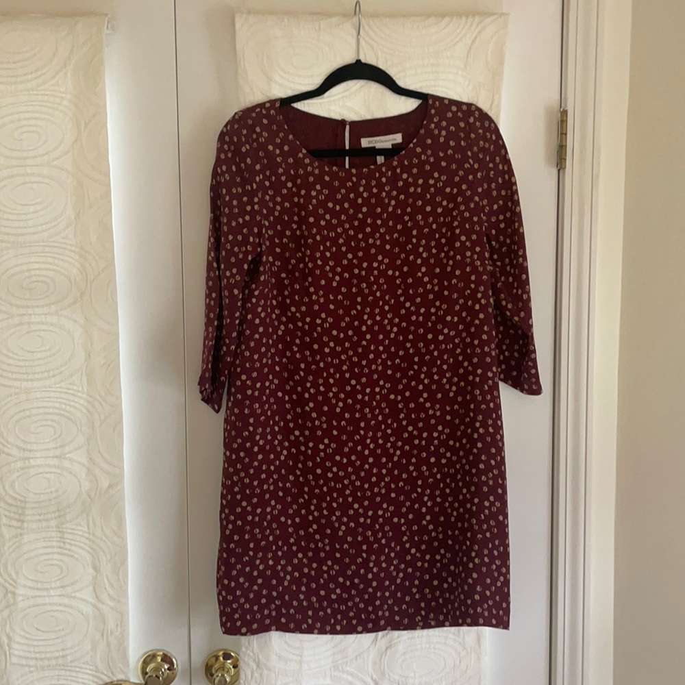 BCBG red slip dress with beige polkadots